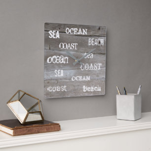 Rustic driftwood ocean beach handwritten script square wall clock