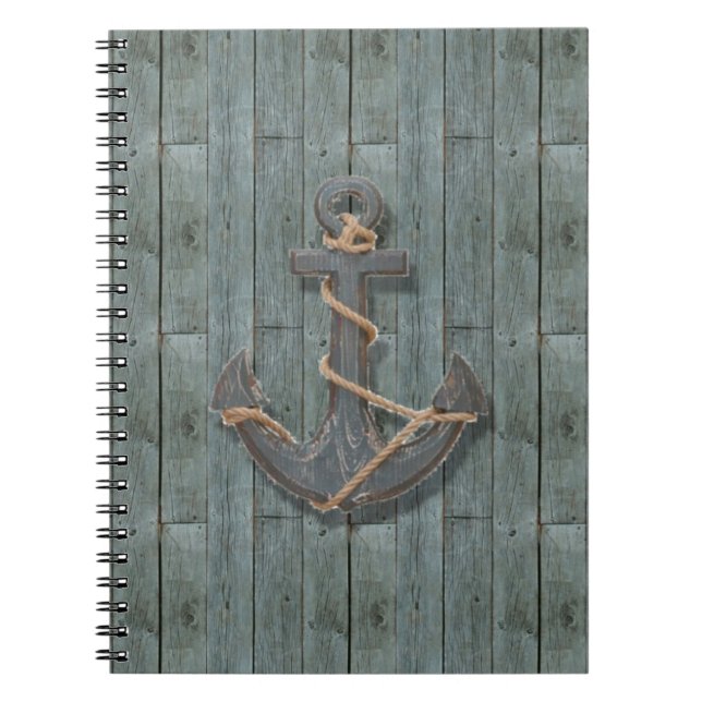 Rustic driftwood Teal Beach Wood nautical anchor Notebook (Front)