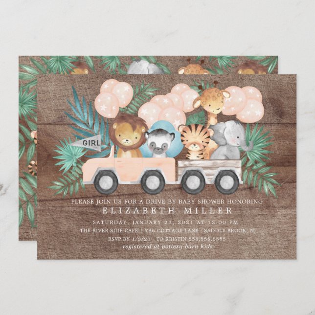 Rustic Drive By Jungle Animals Girls Baby Shower Invitation (Front/Back)