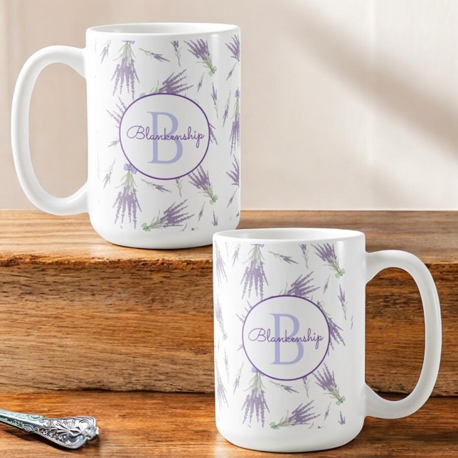 Rustic Dry Lavender Flower Bundles Monogram Coffee Mug (Monogram template mug design on both sides of handle.)