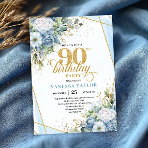 Rustic Dusty Blue 90th Birthday Floral Script Invitation