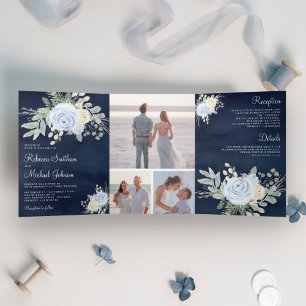 Rustic Dusty Blue and Ivory Floral Navy Wedding Tri-Fold Invitation