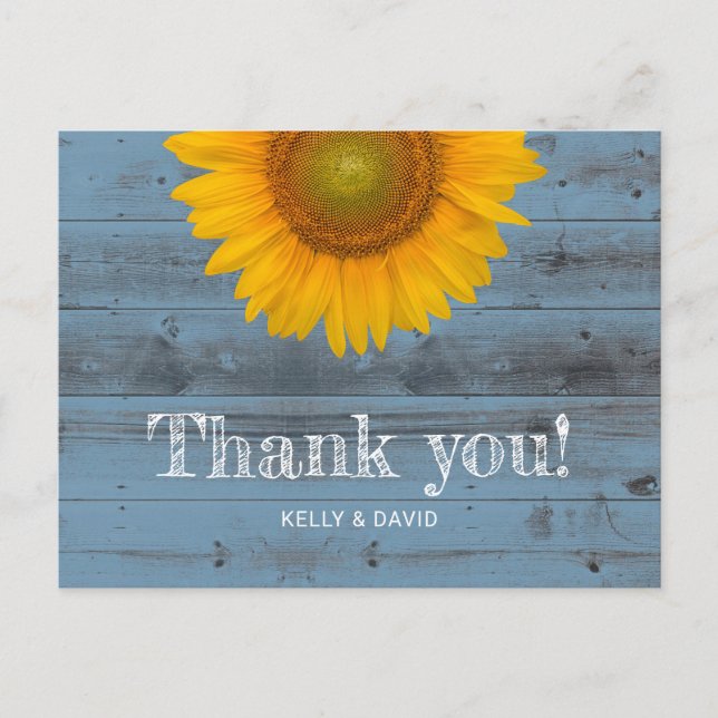 Rustic Dusty Blue Barn Wood Sunflower Thank You Postcard (Front)