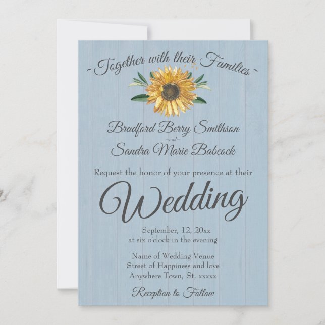 Rustic Dusty Blue Barn Wood, Sunflower Wedding Inv Invitation (Front)