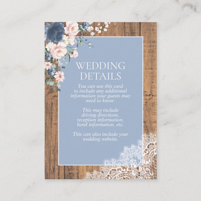 Rustic Dusty Blue Blush Wood Lace Floral Details Enclosure Card (Front)