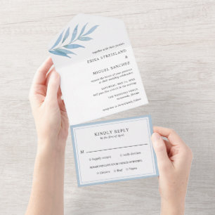 Rustic Dusty Blue Botanical Elegant Wedding All In One Invitation