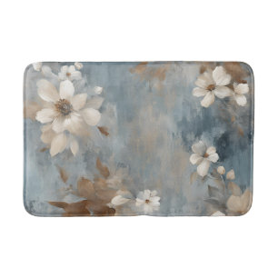 Rustic Dusty Blue Brown Cream Farmhouse Floral Bath Mat