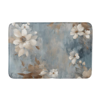 Rustic Dusty Blue Brown Cream Farmhouse Floral Bath Mat