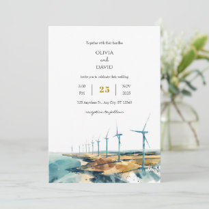 Rustic Dusty Blue Coastal Windmill Beachy Wedding  Invitation