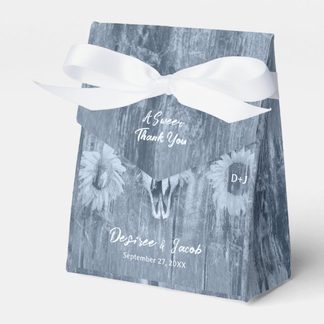 Rustic Dusty Blue Country Sunflowers Bull Skull Favour Box (Front Side)