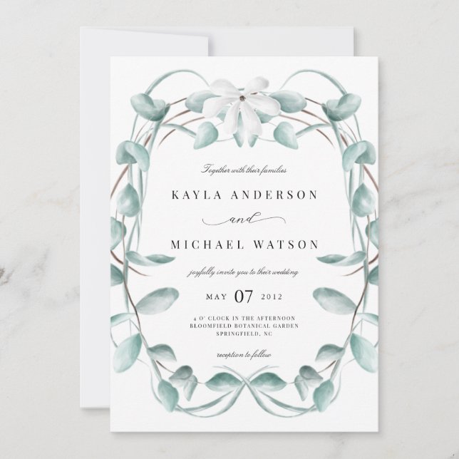 Rustic Dusty Blue Eucalyptus Greenery Wedding Invitation (Front)