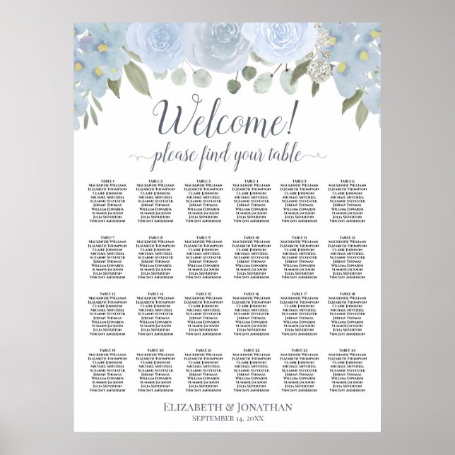 Rustic Dusty Blue Floral 24 Table Seating Chart (Front)