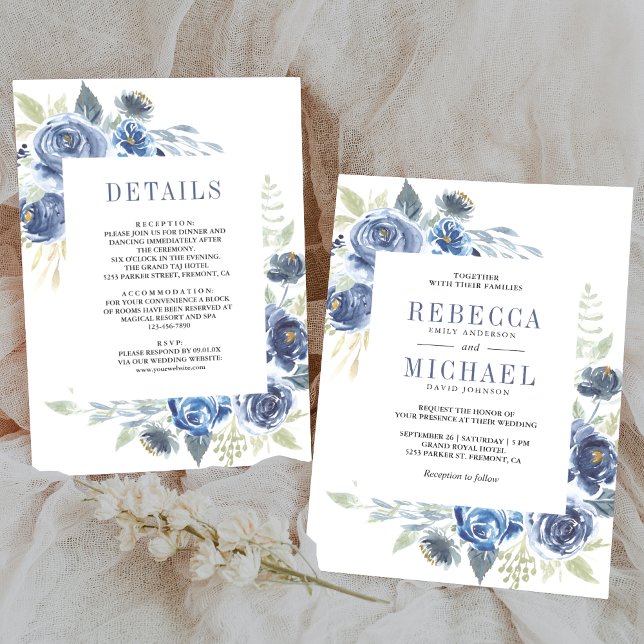 Rustic Dusty Blue Floral All in One Wedding Invitation (Creator Uploaded)