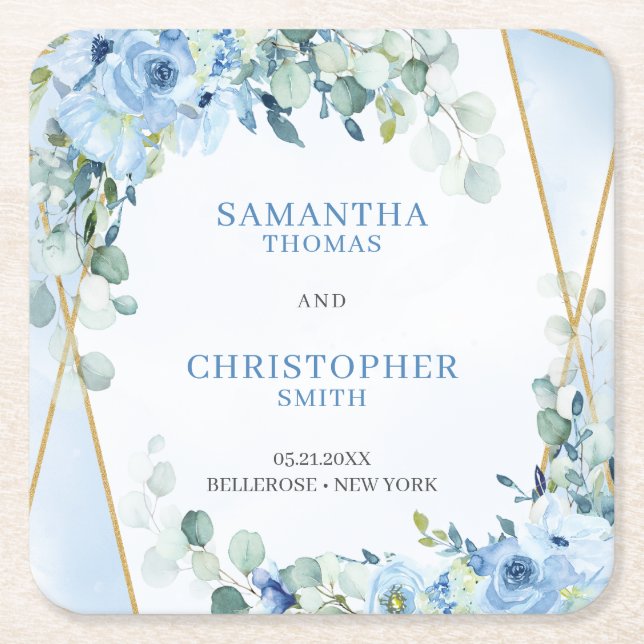 Rustic Dusty Blue Floral eucalyptus gold coasters (Front)