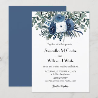 Rustic Dusty Blue Floral Eucalyptus Watercolor Invitation