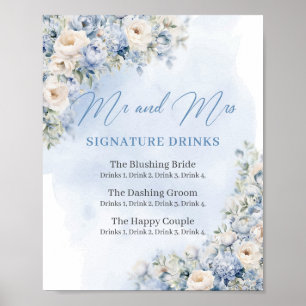 Rustic Dusty Blue Floral gold signature drinks Poster