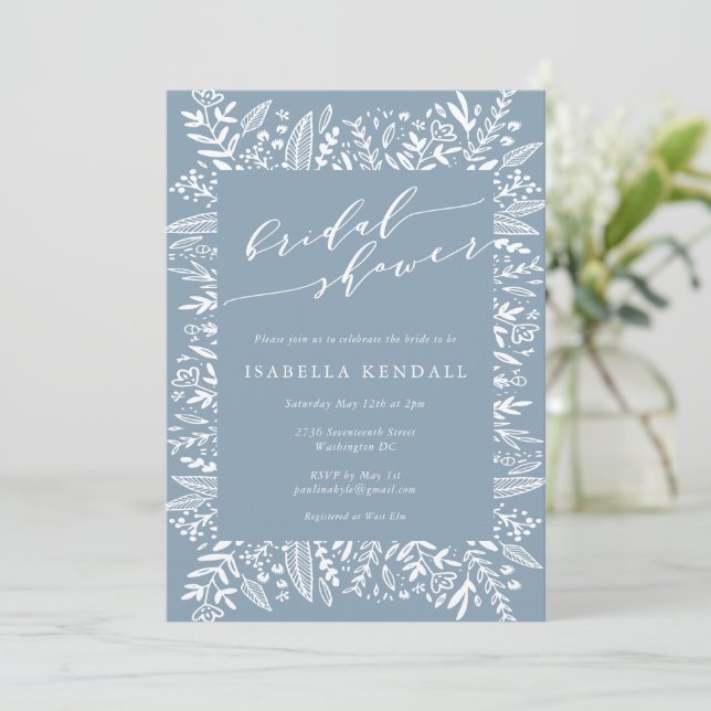 Rustic Dusty Blue Floral Line Art Bridal Shower Invitation (Standing Front)