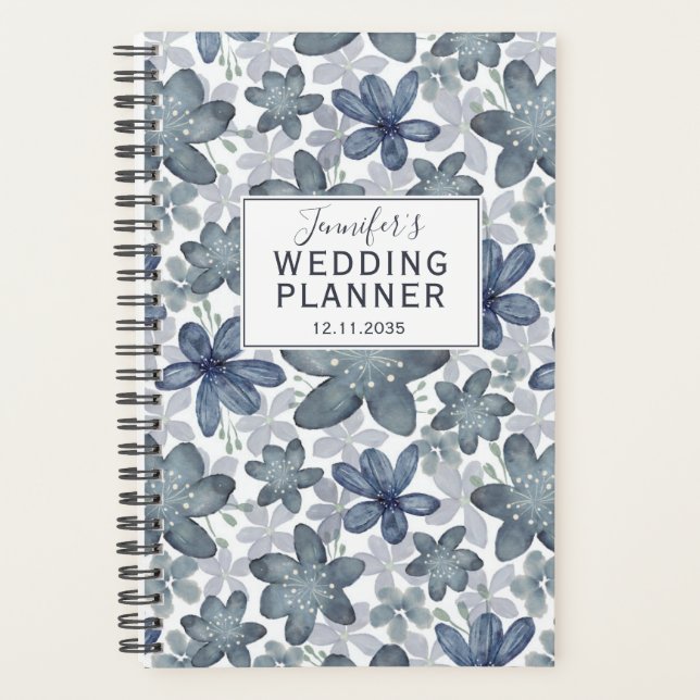 Rustic Dusty Blue Floral Pattern Wedding Planner (Front)