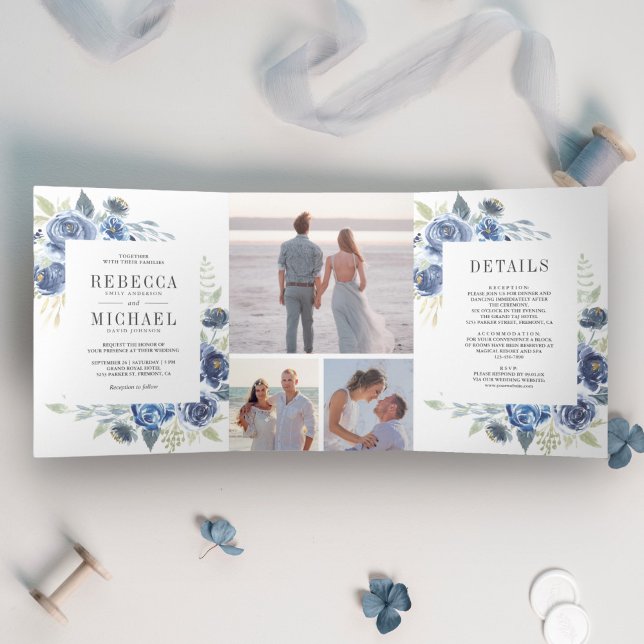 Rustic Dusty Blue Floral Photo Collage Wedding Tri-Fold Invitation (Creator Uploaded)