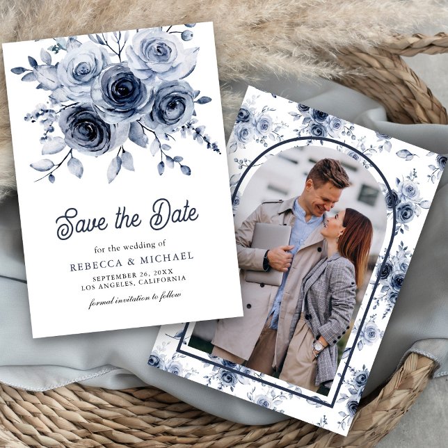 Rustic Dusty Blue Floral Photo Wedding Save The Date (Creator Uploaded)
