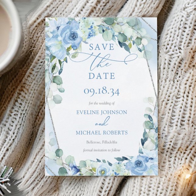Rustic Dusty Blue Floral silver glitter frame   Save The Date (Modern winter Save the date card with blue flowers and eucalyptus woven silver frame)