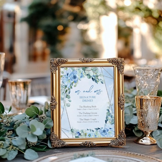 Rustic Dusty Blue Floral silver signature drinks Poster (Rustic Dusty Blue Floral silver signature drinks Poster)