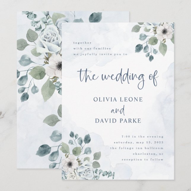Rustic Dusty Blue Floral | Watercolor Wedding Invitation (Front/Back)