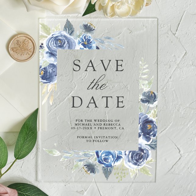 Rustic Dusty Blue Floral Wedding Save the Date Acrylic Invitations (Creator Uploaded)