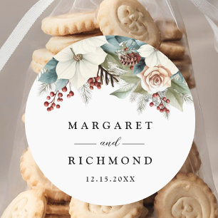 Rustic Dusty Blue Floral Winter Wedding Classic Round Sticker