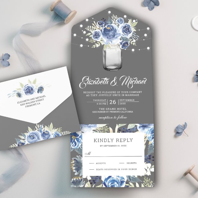 Rustic Dusty Blue Grey Floral Mason Jar Wedding All In One Invitation (Creator Uploaded)