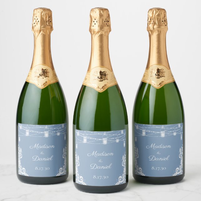 Rustic Dusty Blue Lights Wedding  Sparkling Wine L Label (Bottles)