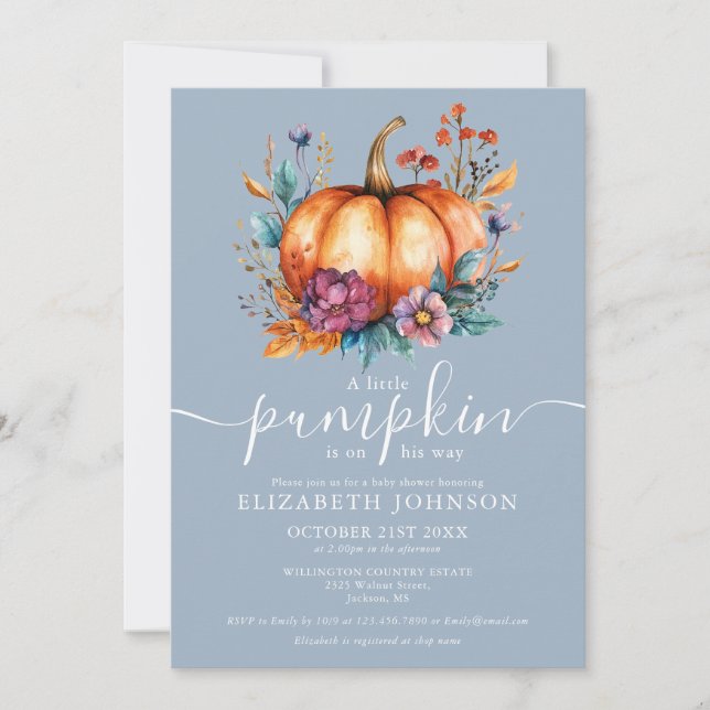 Rustic Dusty Blue Little Pumpkin Boy Baby Shower Invitation (Front)