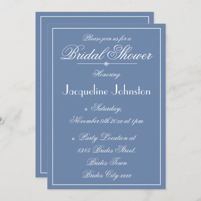 Rustic Dusty Blue Name Chic Script Bridal Shower Invitation (Front/Back)