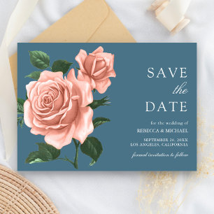 Rustic Dusty Blue Peach Roses Wedding Save The Date