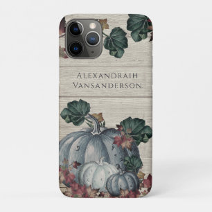 Rustic Dusty Blue Pumpkin Fall Leaves Grey Wood  iPhone 11 Pro Case