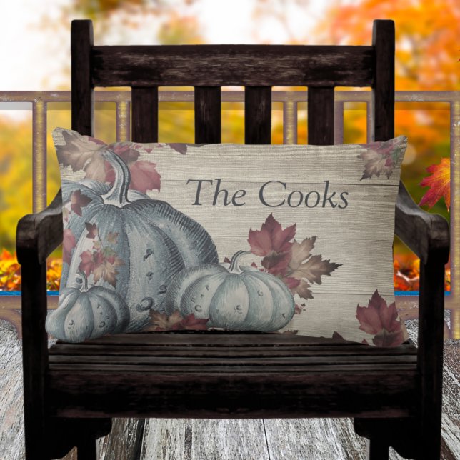 Rustic Dusty Blue Pumpkin Fall Leaves Wood Lumbar Cushion (Creator Uploaded)