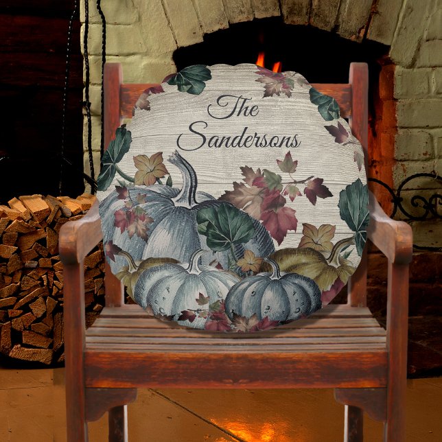 Rustic Dusty Blue Pumpkin Fall Leaves Wood  round Cushion (Creator Uploaded)