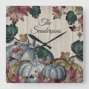 Rustic Dusty Blue Pumpkin Fall Leaves Wood Square Wall Clock