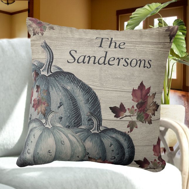 Rustic Dusty Blue Pumpkin Fall Leaves Wood Throw P Cushion (Creator Uploaded)
