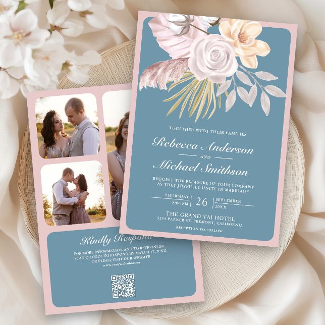 Rustic Dusty Blue Rose Pink Floral QR Code Wedding Invitation (Creator Uploaded)