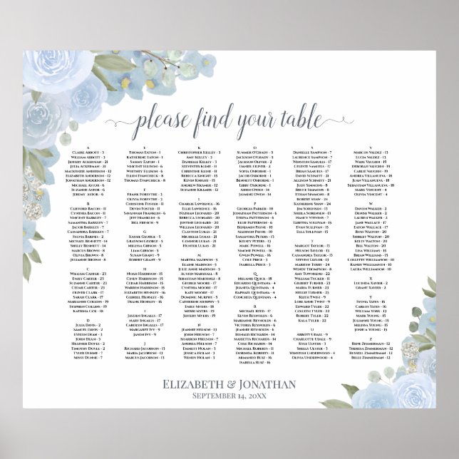 Rustic Dusty Blue Roses Alphabetical Seating Chart (Front)