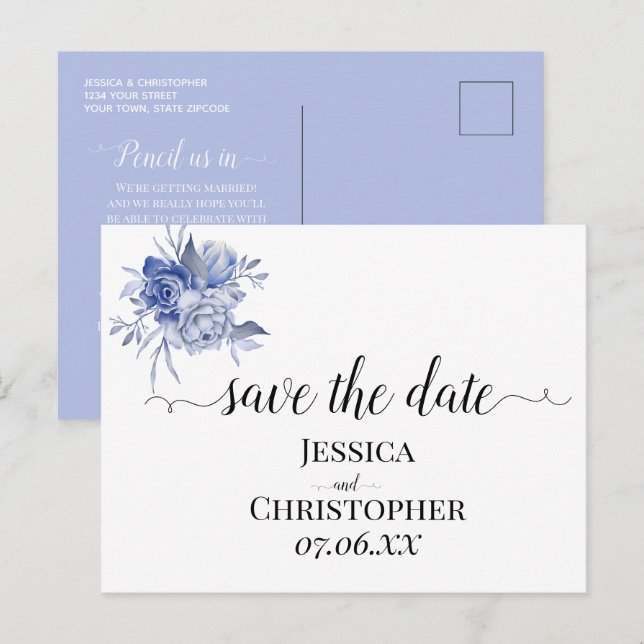 rustic dusty blue roses and other flowers announcement postcard (Front/Back)