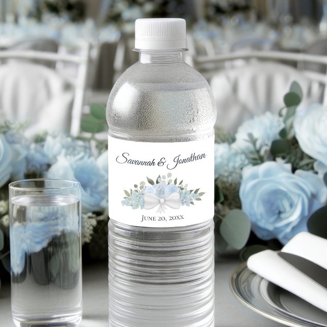 Rustic Dusty Blue Roses & Blossoms Wedding Water Bottle Label (Creator Uploaded)