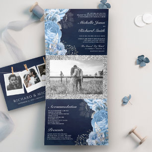Rustic Dusty Blue Roses Floral Photo Navy Wedding Tri-Fold Invitation