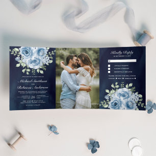 Rustic Dusty Blue Roses Photo Navy Blue Wedding Tri-Fold Invitation