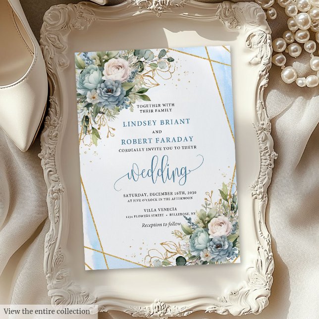 Rustic Dusty Blue Sage Gold Floral Wedding Invite (Rustic Dusty Blue Sage Gold Floral Wedding Invite)