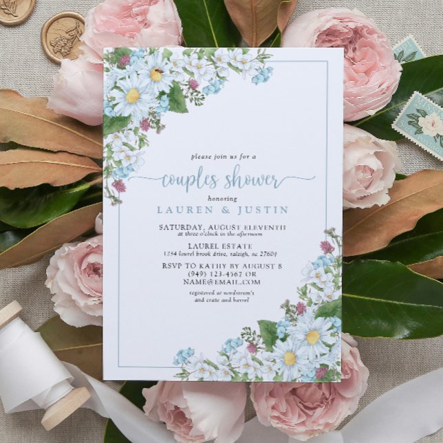 Rustic Dusty Blue Script Wildflower Couples Shower Invitation (Couples Shower Invitation!)