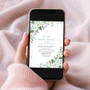 Rustic Dusty Blue Script Wildflower Couples Shower Invitation