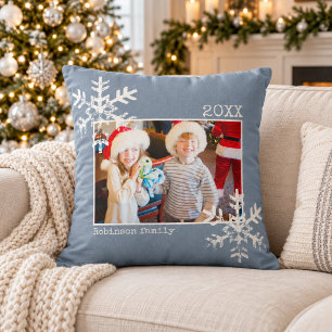 Rustic Dusty Blue Snowflake Family Photo Christmas Cushion