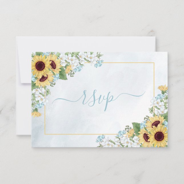Rustic Dusty Blue Sunflower Floral Meals RSVP Card (Front)
